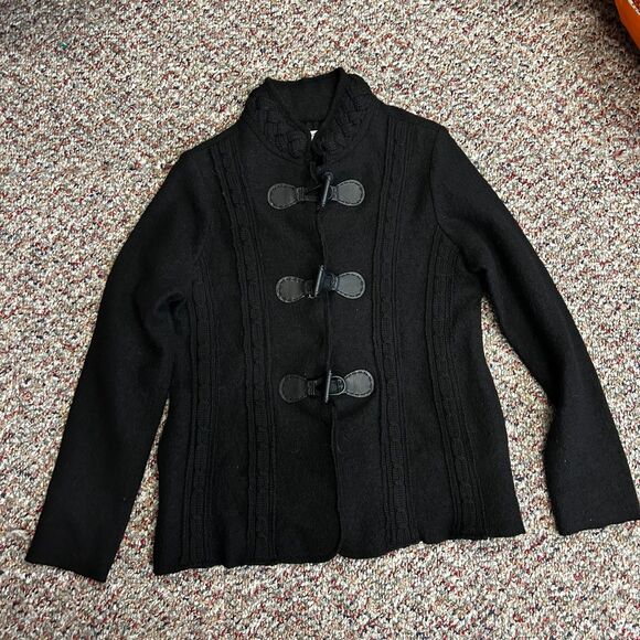 Venario NWT Women's Black Boiled Wool Cable Knit Toggle Cardigan Sweater Sz M - Picture 2 of 15
